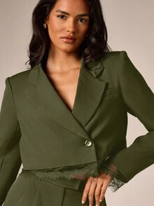 AiiRZ Cropped Blazer With Lace Trim Hem And Cuffs Single Button Notch Lapel Holiday Party Look - Army Green - View 2