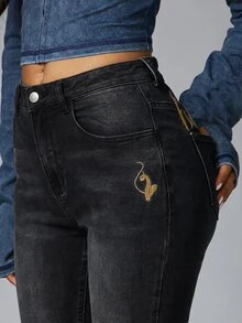 BABYPHAT Women's Street Embroidery Button Pocket Denim Jeans - Black - View 4
