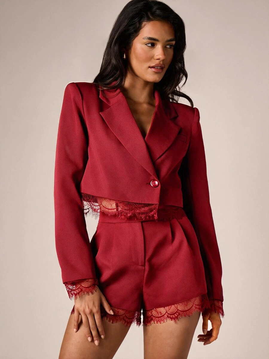 AiiRZ Cropped Blazer With Lace Trim Hem And Cuffs - Single Button Tailored Jacket With Notch Lapel And Structured Shoulders - Red - View 1