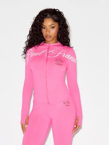 SUMWON X PAUL FRANK SUMWON WOMEN Monkey Rhinestone Zip-Up Long Sleeve High Neck Fitted Top With Cursive Script Logo Print - Hot Pink - View 1