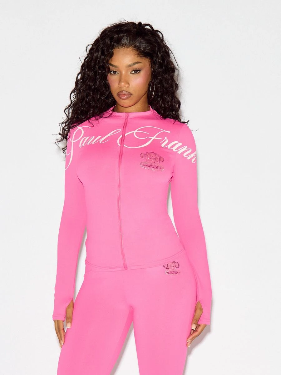 SUMWON X PAUL FRANK SUMWON WOMEN Monkey Rhinestone Zip-Up Long Sleeve High Neck Fitted Top With Cursive Script Logo Print - Hot Pink - View 1