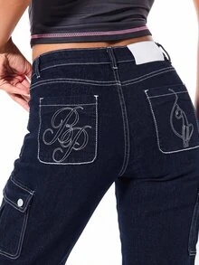 BABYPHAT Capri Cargo Jeans With Embroidered Logo Pockets Drawstring Hem And Contrast Stitching Y2K Denim Capri Pants - Dark Wash - View 2