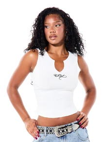 SUMWON Ribbed Knit Sleeveless Crop Tank Top With Notch Neckline And Embroidered Logo Detail Summer Essential - White - View 1