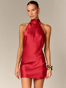 AiiRZ Satin Halter Mini Dress With High Neck Tie Back Open Back Design Party Holiday Event Night Out Occasion - Red - View 5