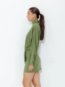 Pimkie Edition Women's Solid Color High Neck Long Sleeve Pleated Casual Fashion Dress - Army Green - View 3