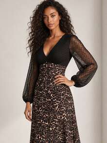 ELLERISSA Black Leopard Print V Neck Dobby Mesh Long Sleeve Contrast Midi Dress - Multicolor - View 6