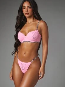 Missguided x Playboy Bunny Logo Pink Balconette Bra And Thong Set With Leopard Print Trim Straps And Waistband Lingerie Two-Piece - Pink - View 5