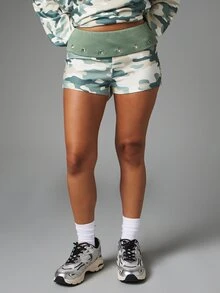 Missguided x Playboy Camo Print Mini Shorts With Ribbed Waistband And Metal Eyelet Detail Summer Festival Holiday - Multicolor - View 1