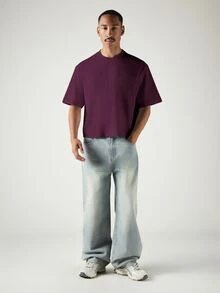 SUMWON Oversized Boxy Cropped T-Shirt With Drop Shoulders And Crew Neck Casual Everyday Essential For Spring Summer - Mauve Purple - View 3