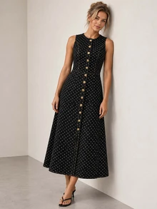 ELLERISSA Gaun Midi Denim Polkadot Hitam Tanpa Lengan Kancing Depan Model A-Line - Hitam - View 6