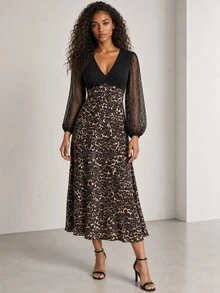 ELLERISSA Black Leopard Print V Neck Dobby Mesh Long Sleeve Contrast Midi Dress - Multicolor - View 1