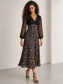 ELLERISSA Black Leopard Print V Neck Dobby Mesh Long Sleeve Contrast Midi Dress - Multicolor - View 4