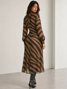 ELLERISSA Brown Zebra Print High Neck Long Sleeve Midi Dress - Brown - View 2