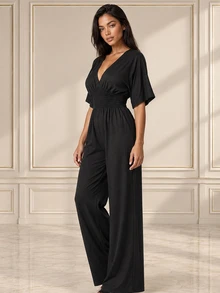ELLERISSA Black Kimono Sleeve Shirred Waist Wide Leg Jumpsuit - Black - View 3