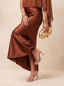 QUIZ Satin One Shoulder Chiffon Cape Maxi Dress - Rust Brown - View 6
