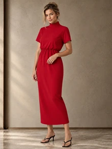 ELLERISSA Gaun Midi Merah Kerah Tinggi dengan Tali di Belakang, Lengan Pendek, dan Pinggang Elastis - Merah - View 5