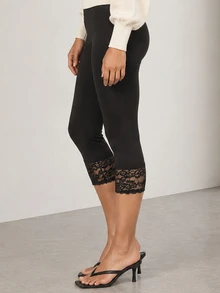 ELLERISSA Black High Waist Lace Trim Capri Leggings - Black - View 6
