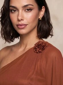 QUIZ Satin One Shoulder Chiffon Cape Maxi Dress - Rust Brown - View 4