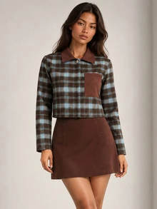 ELLERISSA Plaid Check Multicolor Suede Collar Long Sleeve Contrast Pocket Cropped Boxy Autumn Shirt - Multicolor - View 3