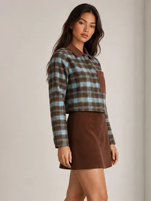 ELLERISSA Plaid Check Multicolor Suede Collar Long Sleeve Contrast Pocket Cropped Boxy Autumn Shirt - Multicolor - View 7