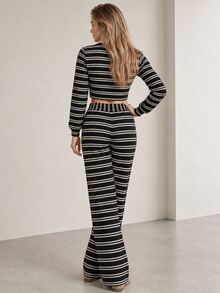 ELLERISSA Black Stripe Knit Crop Top & Wide Leg Pants Co-Ord Set - Black - View 2