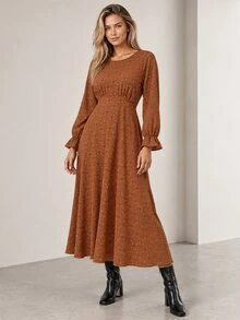 ELLERISSA Rust Brown Long Sleeve Dobby Spot Midi Tea Fall Dress - Brown - View 3