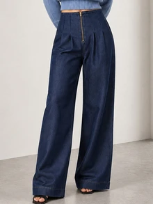 ELLERISSA Dark Wash High Waist Dart Detail Wide Leg Jeans - Dark Wash - View 1