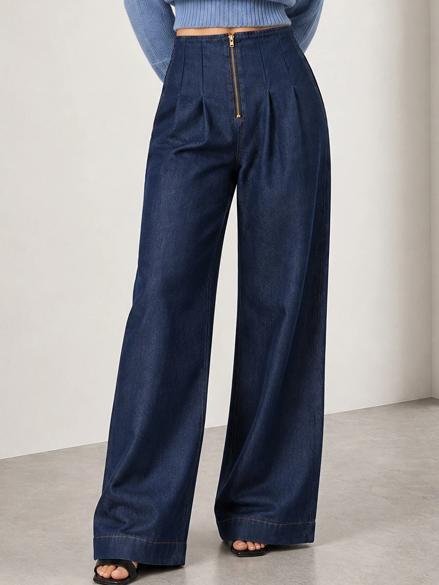 ELLERISSA Dark Wash High Waist Dart Detail Wide Leg Jeans - Dark Wash - View 1