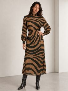 ELLERISSA Brown Zebra Print High Neck Long Sleeve Midi Dress - Brown - View 3