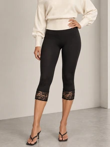 ELLERISSA Black High Waist Lace Trim Capri Leggings - Black - View 1