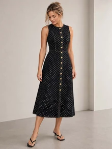 ELLERISSA Gaun Midi Denim Polkadot Hitam Tanpa Lengan Kancing Depan Model A-Line - Hitam - View 1