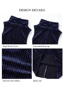 ELLERISSA Gaun Midi Bodycon Beludru Berkerut Tanpa Lengan Leher Tinggi Warna Biru Tua - Navy Blue - View 6