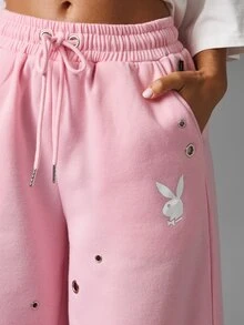 Missguided x Playboy Bunny Wide Leg Sweatpants With Metal Eyelets Drawstring Waist And Logo Script Back Print For Casual Everyday Wear - Pink - View 4