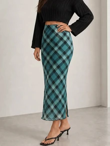 ELLERISSA Blue Plaid Print High Waist Lettuce Hem Mesh Midi Skirt - Blue - View 4