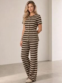 ELLERISSA Coffee Brown Striped Crew Neck Short Sleeve Button Front Peplum Top & Wide Leg Pants Co-Ord Set - Coffee Brown - View 5