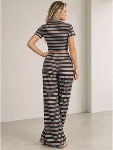 ELLERISSA Plus Size Brown Stripe Rugby Polo Crop Top And Wide Leg Pants Co Ord Set - Brown - View 2