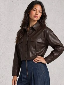 ELLERISSA Black Collared Long Sleeve Button Front Faux Leather Shirt Jacket - Black - View 3