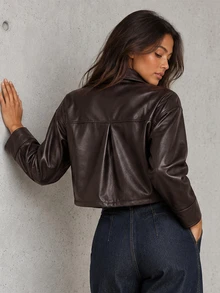 ELLERISSA Black Collared Long Sleeve Button Front Faux Leather Shirt Jacket - Black - View 2