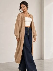 ELLERISSA Apricot Open Front Long Sleeve Fluffy Knit Longline Cardigan - Apricot - View 5