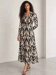 ELLERISSA Gaun Midi Jersey Lengan Panjang Kerah Polo Motif Zebra - MultiWarna - View 1