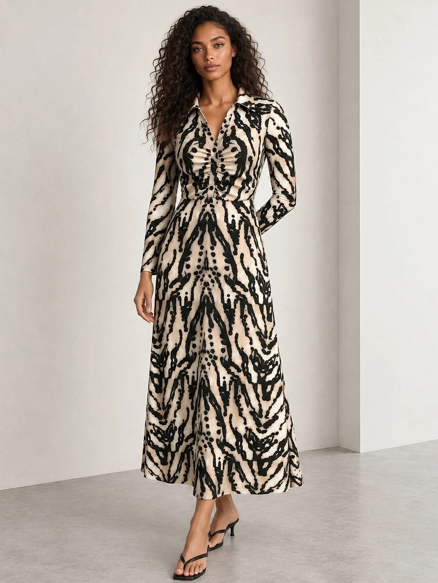 ELLERISSA Gaun Midi Jersey Lengan Panjang Kerah Polo Motif Zebra - MultiWarna - View 1