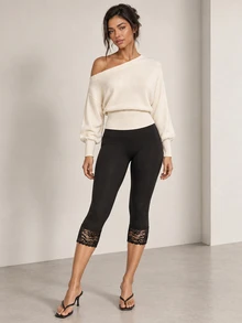 ELLERISSA Black High Waist Lace Trim Capri Leggings - Black - View 4