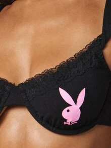 Missguided x Playboy Bunny Off-Shoulder Underwire Balconette Bra With Lace Trim Valentine Lingerie - Black - View 4