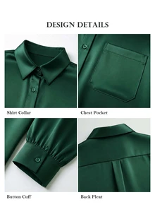 ELLERISSA Dark Green Collared Long Sleeve Satin Shirt & Wide Leg Pants Co-Ord Set - Dark Green - View 7