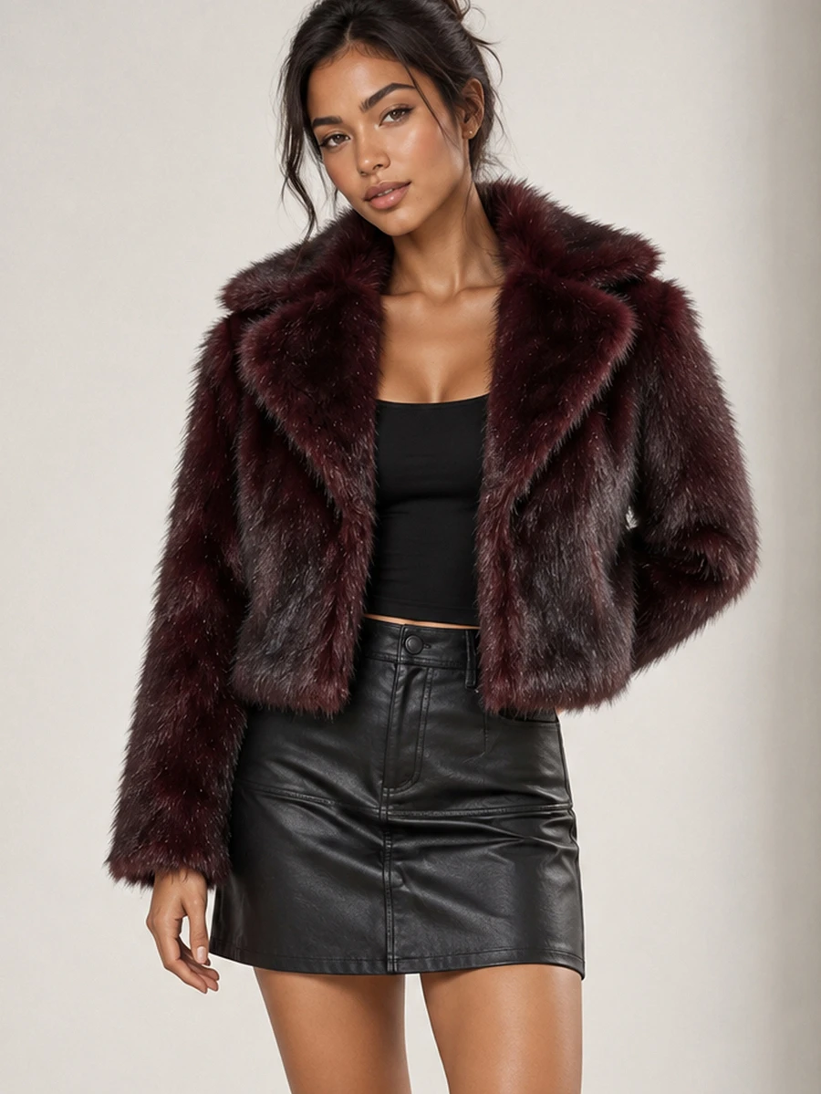 ELLERISSA Burgundy Notched Collar Long Sleeve Cropped Faux Fur Coat - Burgundy - View 1