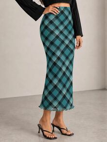 ELLERISSA Blue Plaid Print High Waist Lettuce Hem Mesh Midi Skirt - Blue - View 6