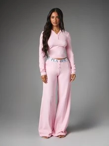 Missguided x Playboy Long Sleeve Crop Top And Wide Leg Pants Co-Ord Set With V-Neck Button Detail And Branded Elastic Waistband - Pink - View 1