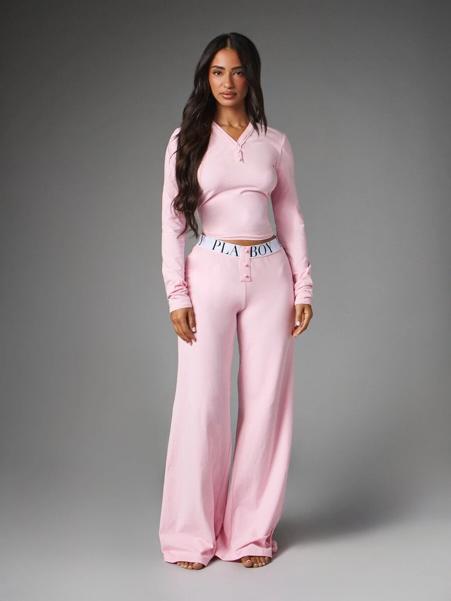 Missguided x Playboy Long Sleeve Crop Top And Wide Leg Pants Co-Ord Set With V-Neck Button Detail And Branded Elastic Waistband - Pink - View 1