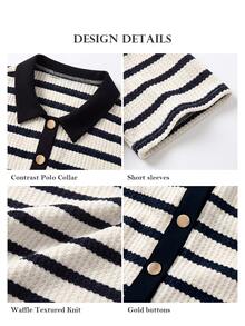 ELLERISSA Gaun Mini Model Shift Berkerah Polo Garis Biru Tua Lengan Pendek Kancing Depan - Navy Blue - View 7