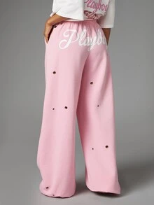 Missguided x Playboy Bunny Wide Leg Sweatpants With Metal Eyelets Drawstring Waist And Logo Script Back Print For Casual Everyday Wear - Pink - View 2